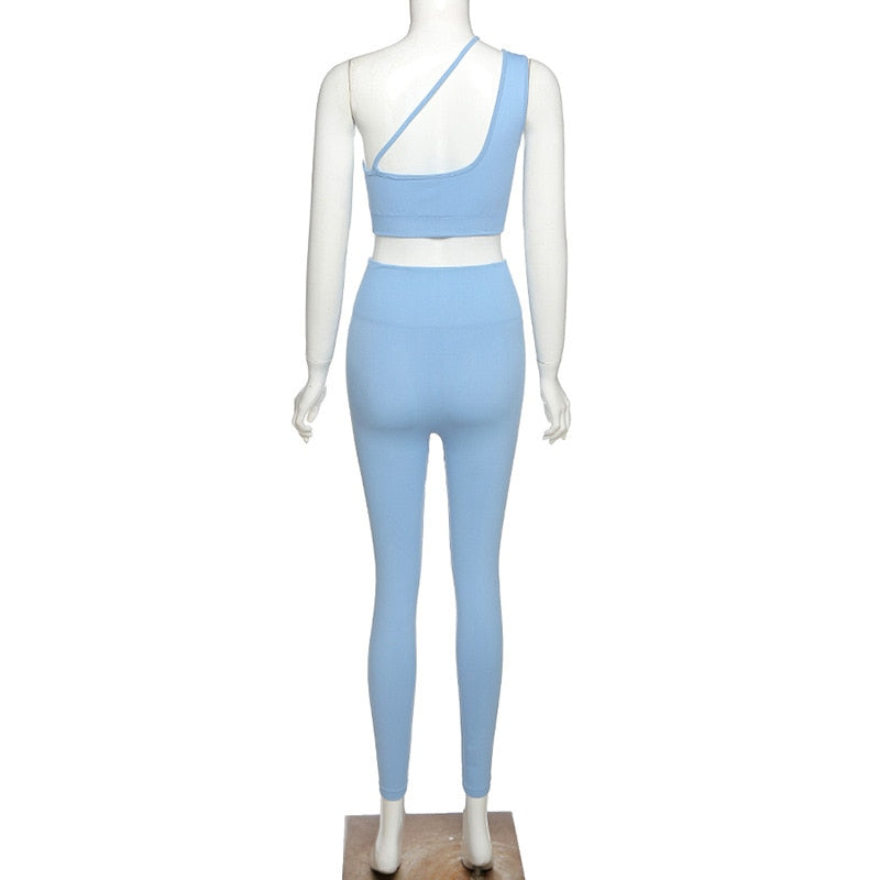 Seamless Solid Yoga Set Women Gym Clothes One Shoulder Crop Top Legging Sexy Fitness Sportswear Suit Running Workout Tracksuit-3