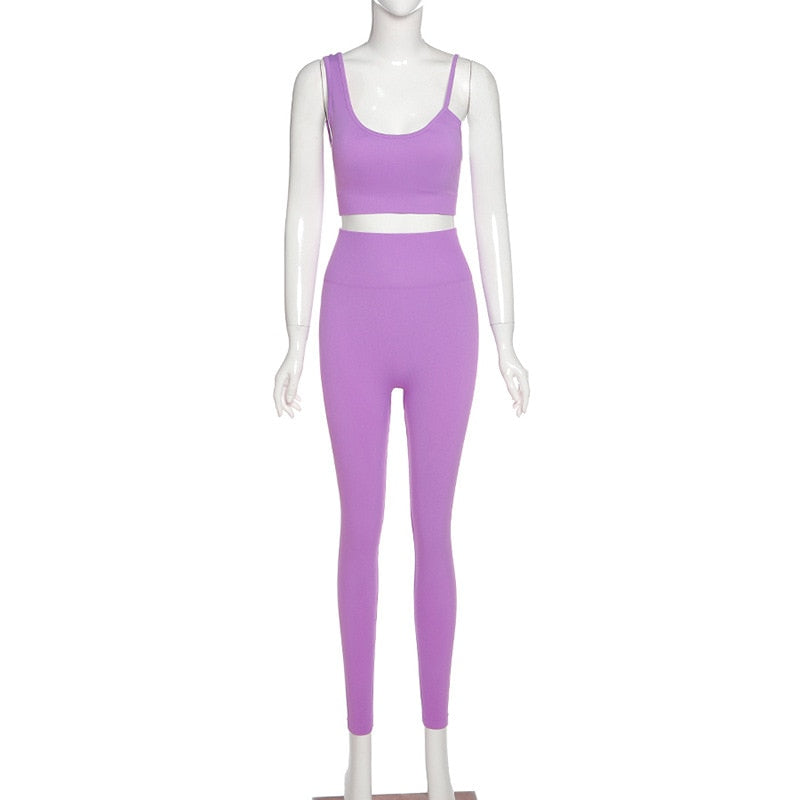 Seamless Solid Yoga Set Women Gym Clothes One Shoulder Crop Top Legging Sexy Fitness Sportswear Suit Running Workout Tracksuit-4